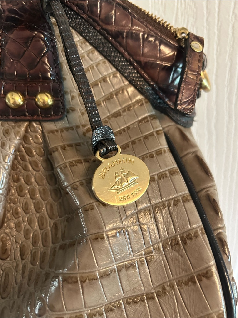 Brahmin Taupe Croc-Embossed Satchel with Dark Brown Trim - Picture 2 of 8